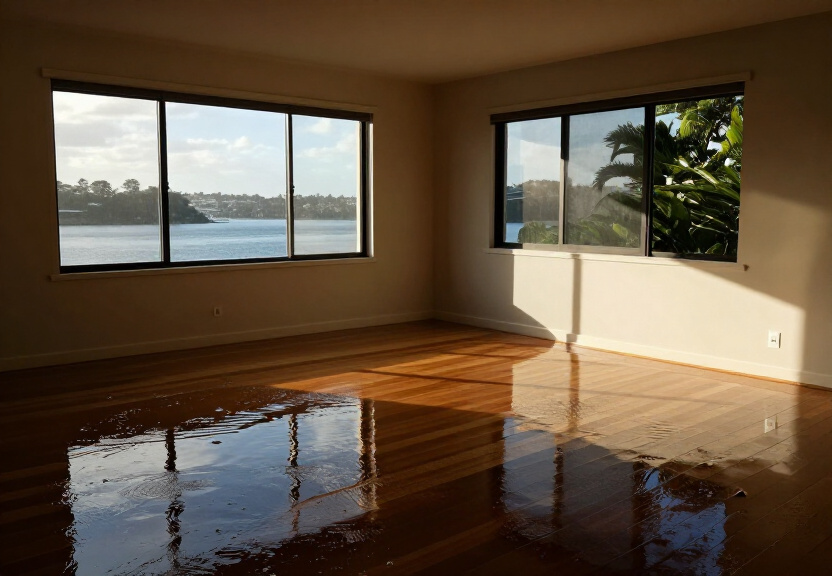 Flooded living room in Kyle Bay before restoration